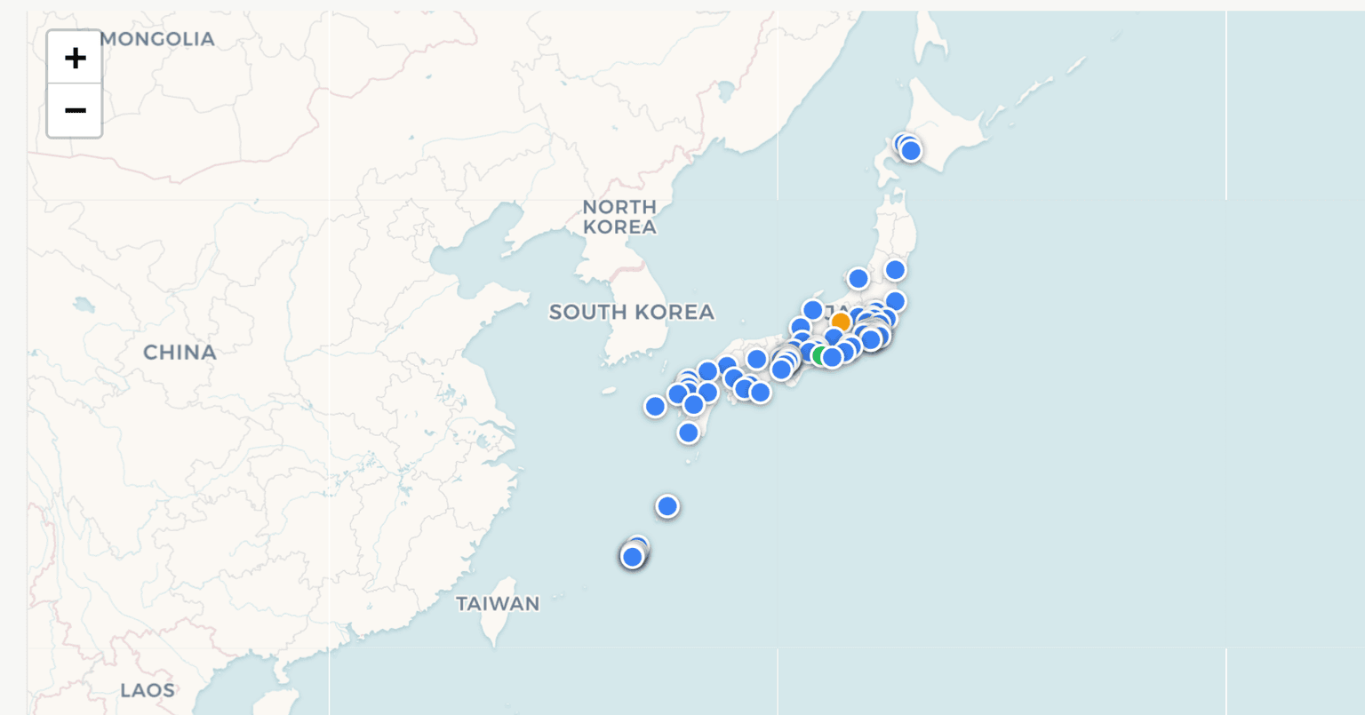 Map of Japan showing Boards of Education that have hired ALTs directly, marked with pins